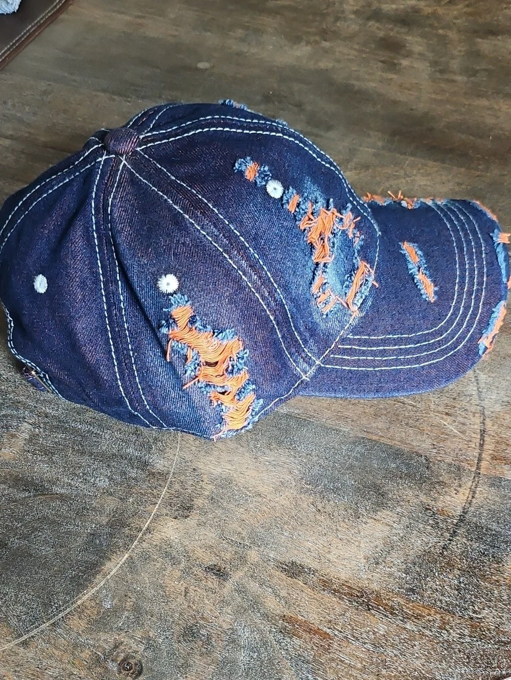 NWT Denim Distressed Baseball Cap With Orange Accents